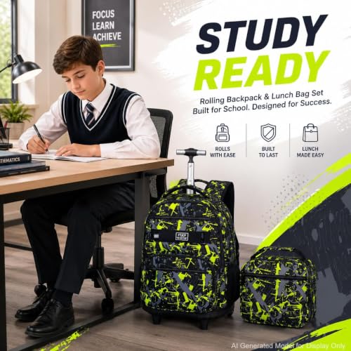 Image of 3Pcs Rolling Backpack for Boys Men, Travel Roller Backpacks with Wheels for Adults, Teens College Graffiti Wheeled Bookbag with Lunch Box(Green)