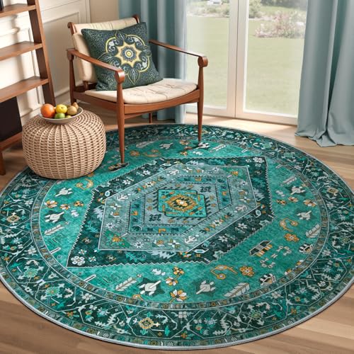 SERISSA Boho Round Area Rug, 4ft Washable Non-Slip Circle Rug, Ultra Soft Oriental Vintage Teal Low-Pile Small Circular Carpet for Bedroom Entryway Kids Room Office College Dorm Living Room