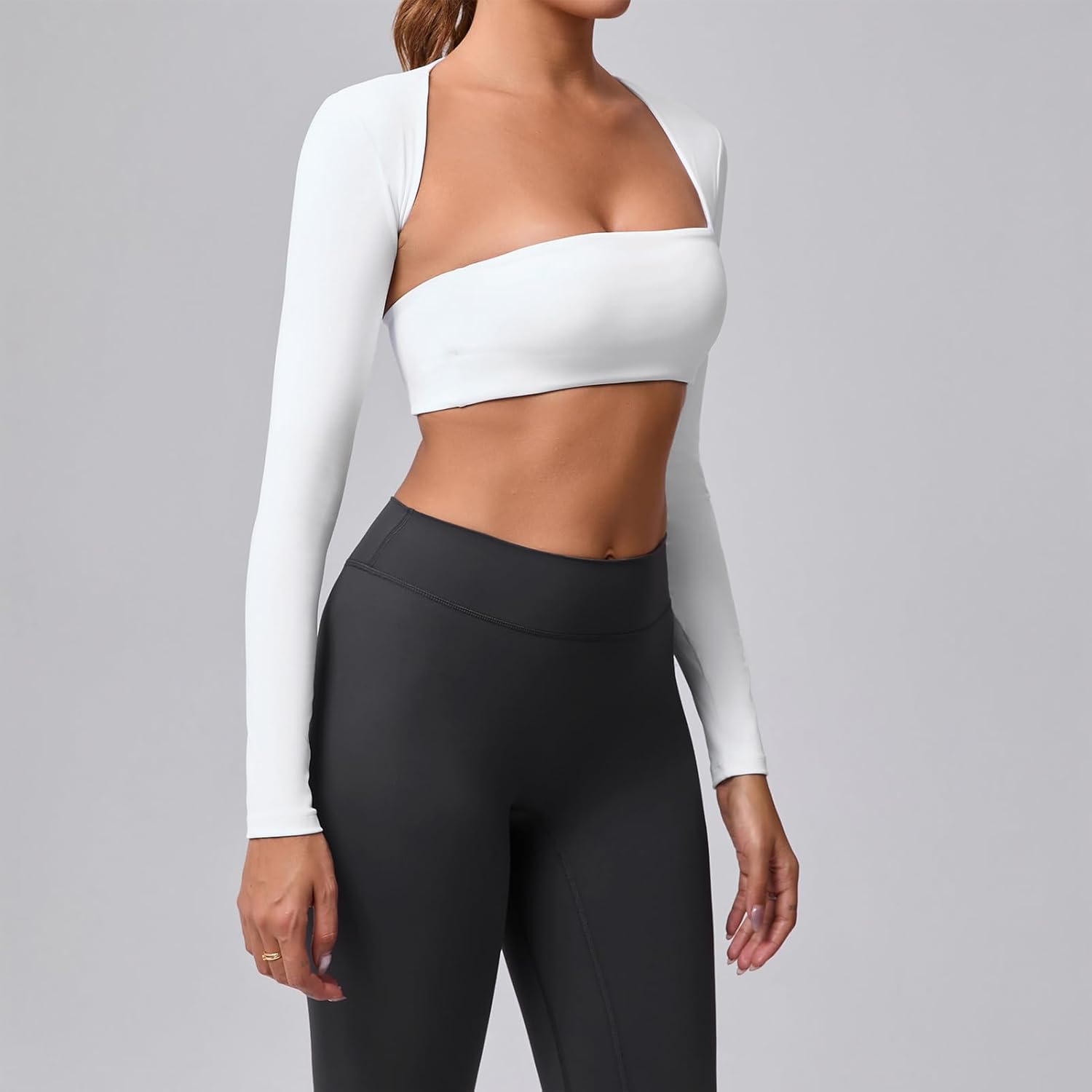ABOCIW Womens Square Neck Long Sleeve Workout Crop Tops with Built in Bra Slim Fit Cutout Back Gym Yoga Athletic Shirts - Image 4