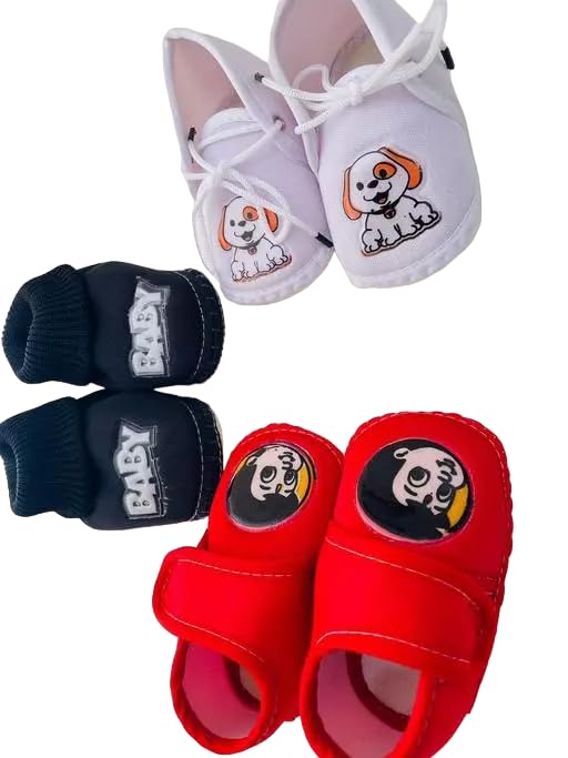 Advik Unisex Newborn Baby Booties First Walking Shoes Sandals with Anti Slip Sole Footwear 0-12 Months (Set of 3) Black, Red, White (6_Months) 1