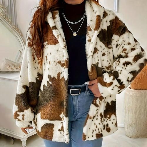 Women Fashion Cow Print Fleece Jacket, Open Front Button Down Sherpa Fuzzy Hoodies Coat Long Sleeve Soft Comfy Coats3