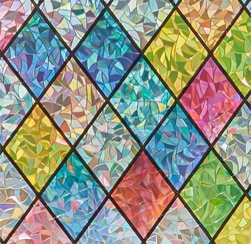 Image of Sunbaby Window Privacy Film Stained Glass, Static Cling Decorative Rainbow Window Cling, Lattice Coverings Decals for Home Door, Non-Adhesive Window Stickers Anti-UV & Heat Control (17.5 inchx78.7 inch)