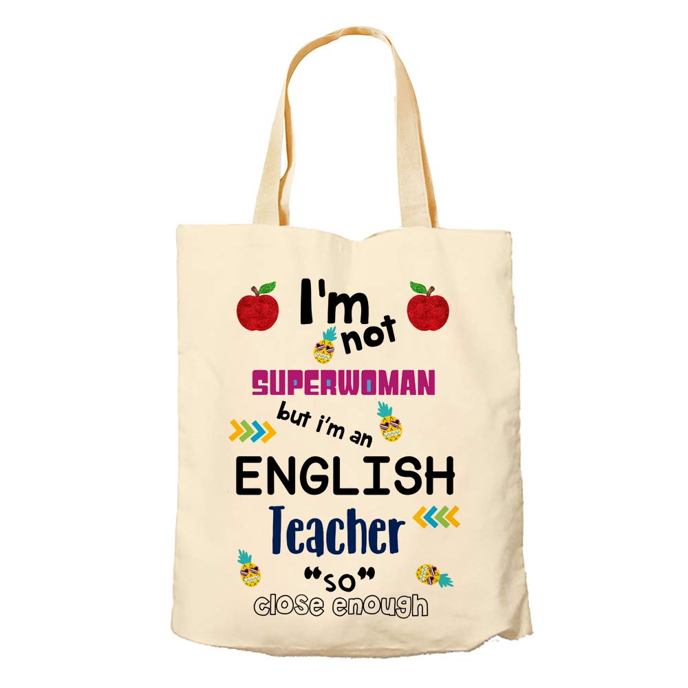 Teachers Tote Bag-I'm Not Superwomen But I'm Teacher So Close Enough-Natural Cotton Shopping Bag. (English Teacher)