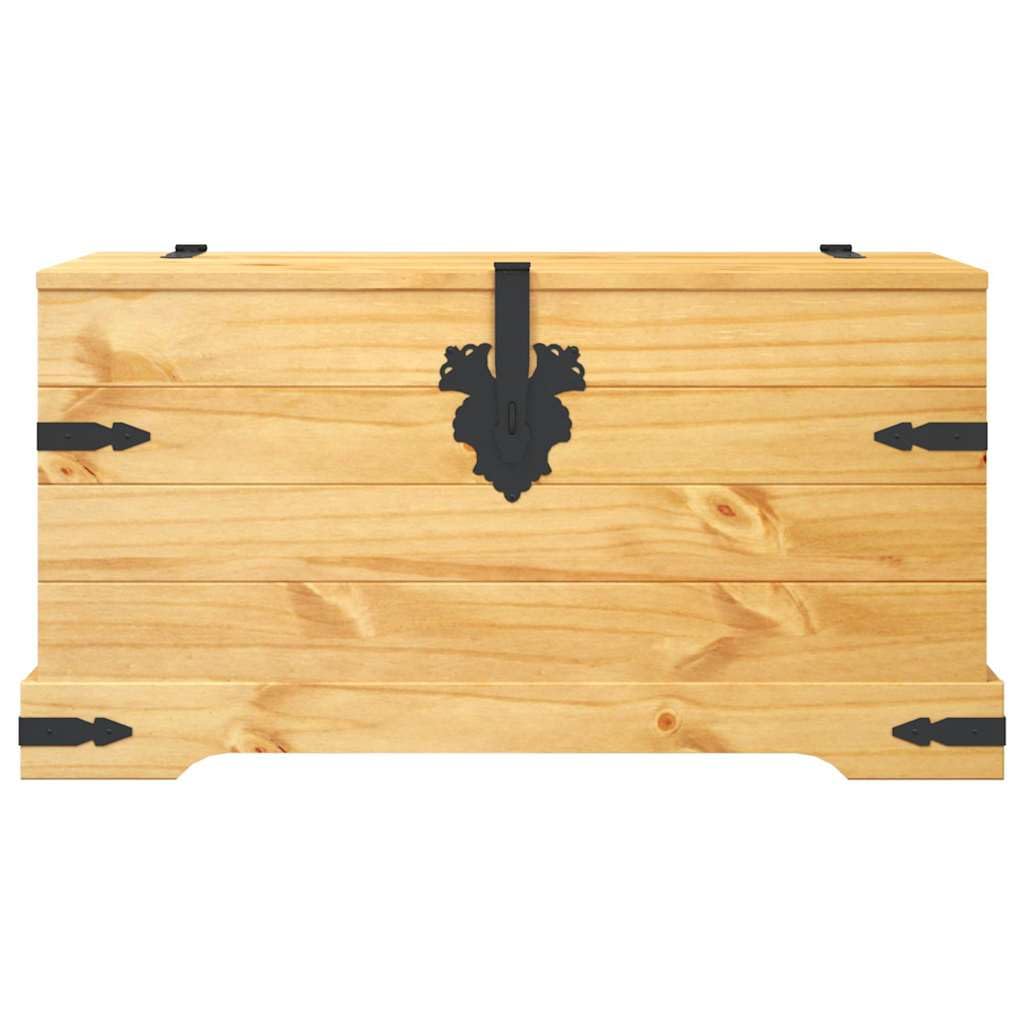 Baúl rústico de madera de pino, 91 x 49,5 x 47 cm, con detalles metálicos negros y asas con cerradura, versátil como almacenamiento, mesa de centro o mesa auxiliar