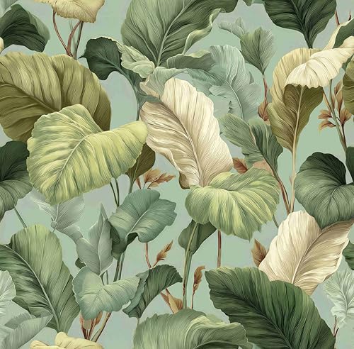 Stickorama Vintage Green Tropical Leaf Peel and Stick Wallpaper Self Adhesive 17.72" x 118.1'' Textured Botanical Design Wall Paper Renter Friendly Removable Waterproof for Living Room Bedroom