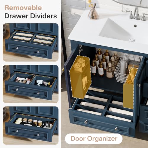 Image of Tribesigns 30 inch Bathroom Vanity with Sink, Freestanding Bathroom Vanities Cabinet with Ceramic Basin Combo, Bathroom Sink Cabinet with 2 Doors and 1 Drawer, Solid Wooden Frame (Misty Blue, 36 INCH)