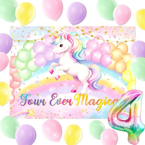 Kit anniversaire licorne 4 ans avec arrière-plan pastel pour habiller un mur de fête facilement