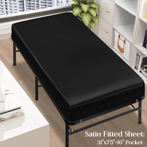Image of SiinvdaBZX 4-Piece Cot Sheet Set 31 inch x 75 inch, Black Satin Cot Size Sheets Silky Soft Rv Bunk Bed Sheets for Narrow Twin /Camp Bunk /Guest Beds /Army Cots /Trifold Mattress