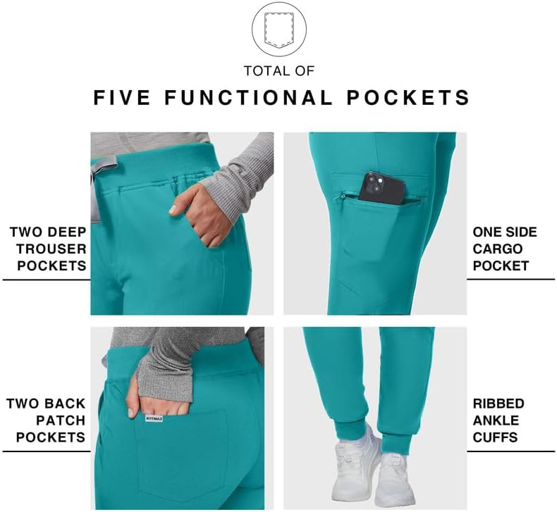 Kitmaz Medical Scrub Pants for Women - Mid Rise 4-Way Stretch Anti-Wrinkle Slim Fit Jogger Pants, Drawstring & 5 Pockets