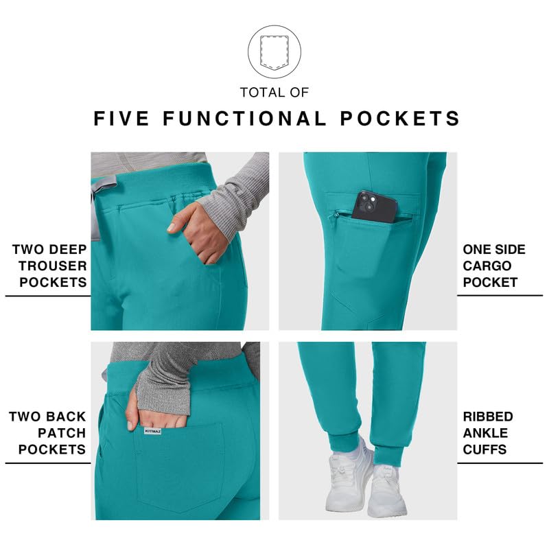 Image of Kitmaz Scrub Pants for Women - Mid Rise 4-Way Stretch Anti-Wrinkle Slim Fit Jogger Pants, Drawstring & 5 Pockets