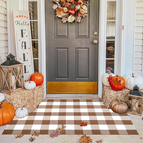 Ckorzen Coffee and White Plaid Rug, 3' x 5' Outdoor Front Porch Door Decor Mat, Washable Cotton Woven Farmhouse Area Rug for Layered Door Mats Carpet, Entryway, Easter Décor