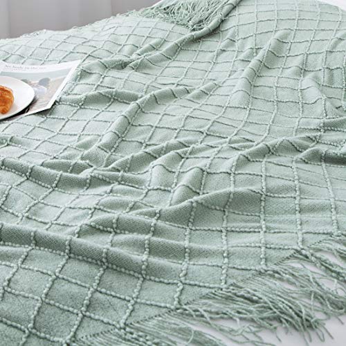 Treely Aqua Throw Blanket With Fringe Tassels Knitted Throw Blanket Textured Solid Decorative Knit Blanket For Bed Couch, 50" X 67.7", Aqua #TOP2