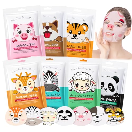 7 Piezas Mascarilla Facial Niña, Mascarillas Faciales para Niñas, Mascarilla Facial Animal Beauty, Mascarillas Faciales Animales con Estampados, Hidratante y Apto para Todo Tipo de Piel