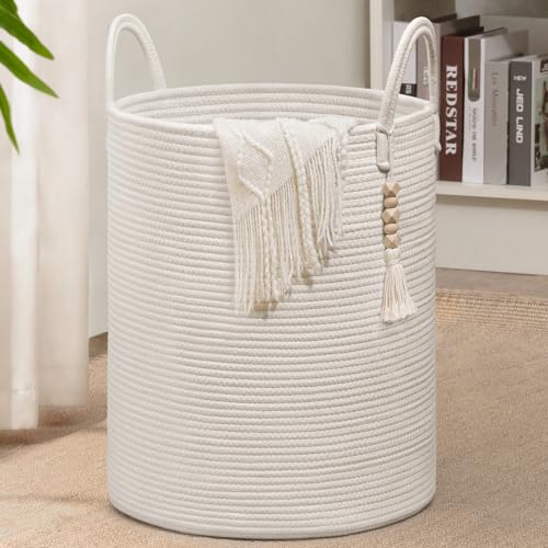 Image of Goodpick White Laundry Basket with Handles, Tall Woven Laundry Hamper for Clothes, Towels, Pillows, Toys, Decorative Blanket Basket for Living Room, Bedroom, Playroom, 16 x 20 inches