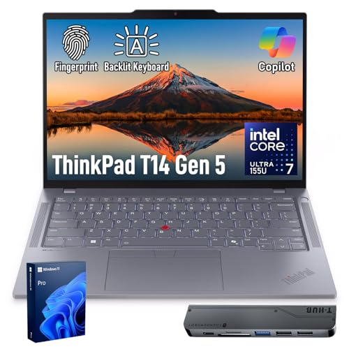 Image of Lenovo ThinkPad T14 Business AI Laptop, 14 inch FHD+ IPS, Intel Core Ultra 7 155U, 32GB DDR5, 512GB SSD, 5MP Webcam, Fingerprint, Backlit, Wi-Fi 6E, Thunderbolt 4, Windows 11 Pro, 7-in-1 USB-C Hub Bundle