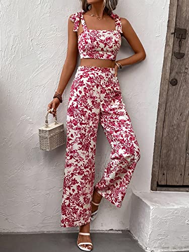 Floerns Women's 2 Piece Summer Outfit Floral Print Knot Shoulder Zip Back Crop Cami Top and Maxi Pants Set4