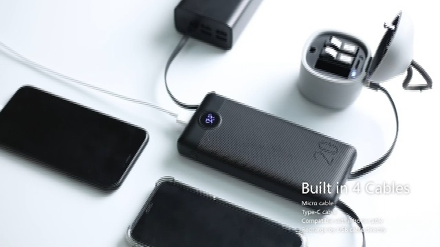 Powerbank 20000 MAh Avec Câbles Intégrés - Charge Rapide 22.5W, Compact, Pour Téléphone Et Tablette