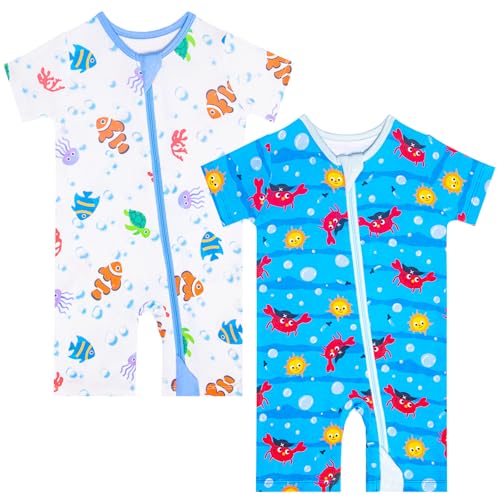 GUISBY Baby Romper 2-Pack, Soft Zipper Romper, Short Sleeve Footless Pajamas, Breathable Summer Infant Clothes 12–18 Months