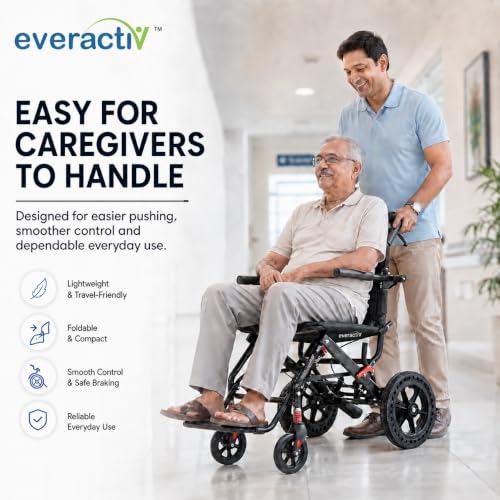 Image of EverActiv AERO GLIDE Foldable Travel Wheelchair, 9.5 kg Lightweight Portable Wheel Chair for Seniors & Patients, Compact Attendant Wheelchair with Aluminium Frame, Hand Brakes, Safety Belt & Foldable Footrest