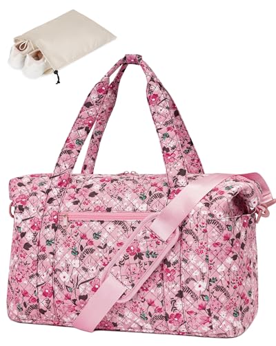 Ceneda Travel Duffle Bag - Quilted Weekender Overnight Bags For Women with Wet Pocket & Shoe Bag, Fits Airline Approved Personal Item Size (Pink Flower)
