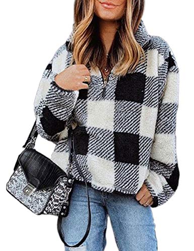Product Image of the MEROKEETY Women's Long Sleeve Contrast Color Zipper Sherpa Pile Pullover Tops Fleece Sweatshirt, J-BlackPlaid, M