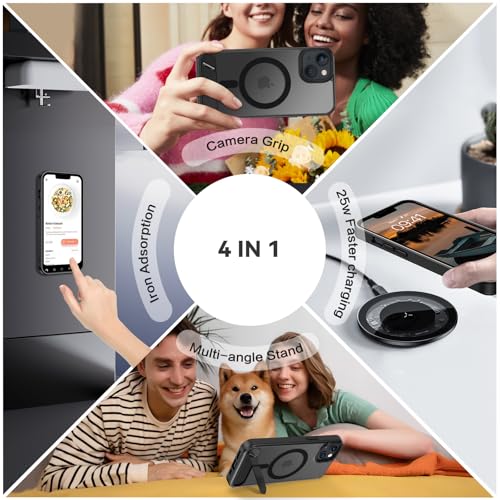 Image of GUAGUA for iPhone 13 Case iPhone 14 Case with Stand, Magnetic Cases with Foldable Invisible Stand Translucent Matte Back Slim Protective Shockproof Kickstand Phone Case for iPhone 13 /14 6.1 inch, Black