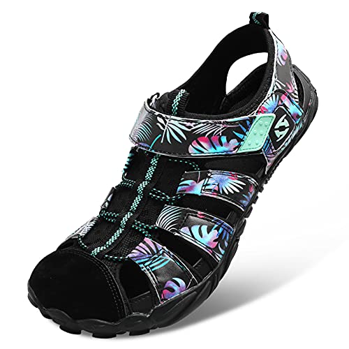 JIASUQI Lightweight Slip on Hiking Sandals Womens Mens Sports Beach Pool Water Shoes Leaf Black 8.5Women/7Men