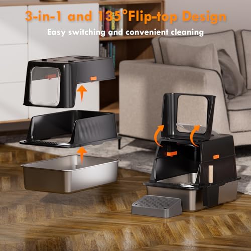 Smart Odor Control Stainless Steel Cat Litter Box with Lid, Smart Cat Litter Box with Infrared Sensor, Large Automatic Litter Boxs for Cats, 3 in 1 Design and 135° Flip-Top, Litter Scoop & Foot Pedal