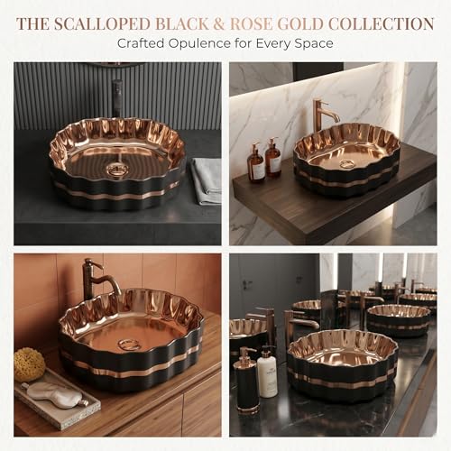 Image of BASSINO 20x15x6 Inches Ceramic Wash Basin Table Top /1 Year Warranty /Unique Countertop Basin for Bathroom /Above Counter Sink for Dining Hall /Living Room /Hotel /Office(Black & Rose Gold Finish)