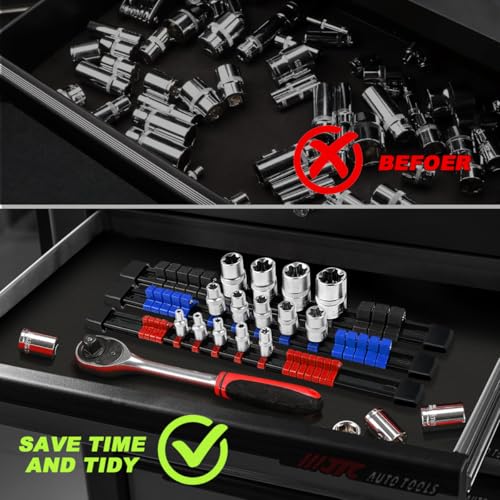 Image of 3-Piece Socket Organizer Rail Set, Heavy Duty Socket Holder for 1 /4 inch, 3 /8 inch, 1 /2 inch Drive, 43 Clips Spring Loaded Ball Bearings for Metric & SAE Sockets, Portable Tool Tray for Toolbox Drawer