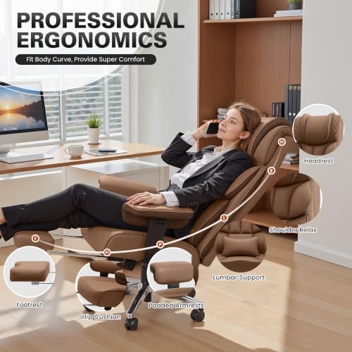 Image of BestGlory Office Desk Chair, Big and Tall Leather Gaming Chair with Footrest, Ergonomic Comfy Executive High-Back Reclining Computer Chairs, Wide Swivel Rolling Wheels and Padded Lumbar Support, Khaki