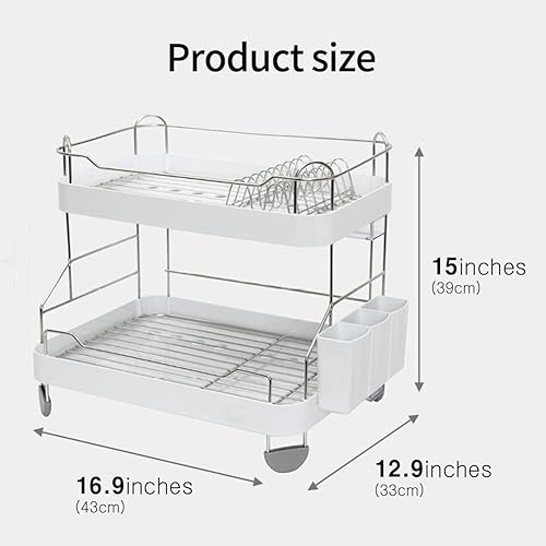 Miniatura 7 de Estante de secado de platos para fregadero, soporte para platos de dos niveles con escurridor de platos de alto grosor, soporte para tazas, cuchara