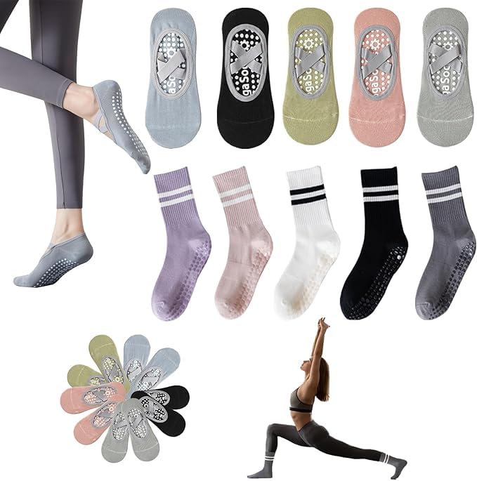 La Mejor Recopilación de Ropa de Yoga y Pilates para Mujer al mejor precio. 44 10 calcetines de yoga con agarre, calcetines de pilates para mujer, 5 largos 5 cortos, con lunares antideslizantes, adecuado para yoga (MX/US, Alfa, Talla única, Regular, Regular,...