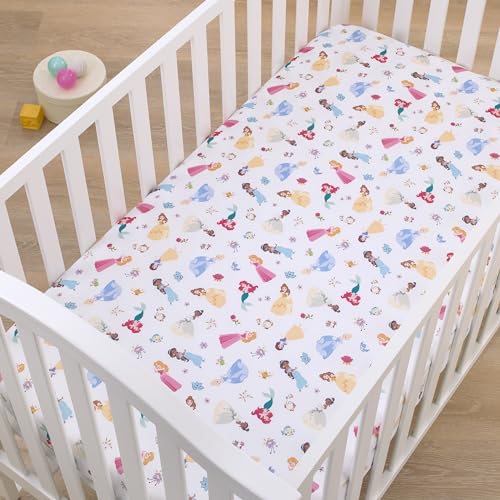Image of Disney Princess Pink, Blue, Yellow, and White Super Soft Nursery Fitted Mini Crib Sheet