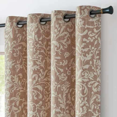 jinchan 80% Blackout Curtains for Bedroom, Farmhouse Drapes with Scroll Floral Patterned for Living Room, Grommet Top Thermal Insulated Curtains, Vint