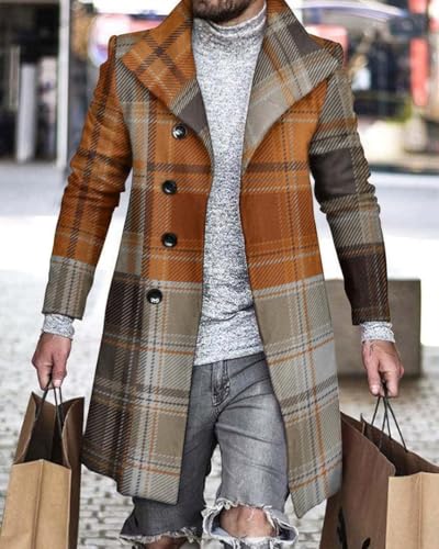 Men's Plaid Trench Coat Lapel Slim Fit Single Breasted Wool Blend Pea Coat Casual Winter Mid Long Jacket Overcoat2