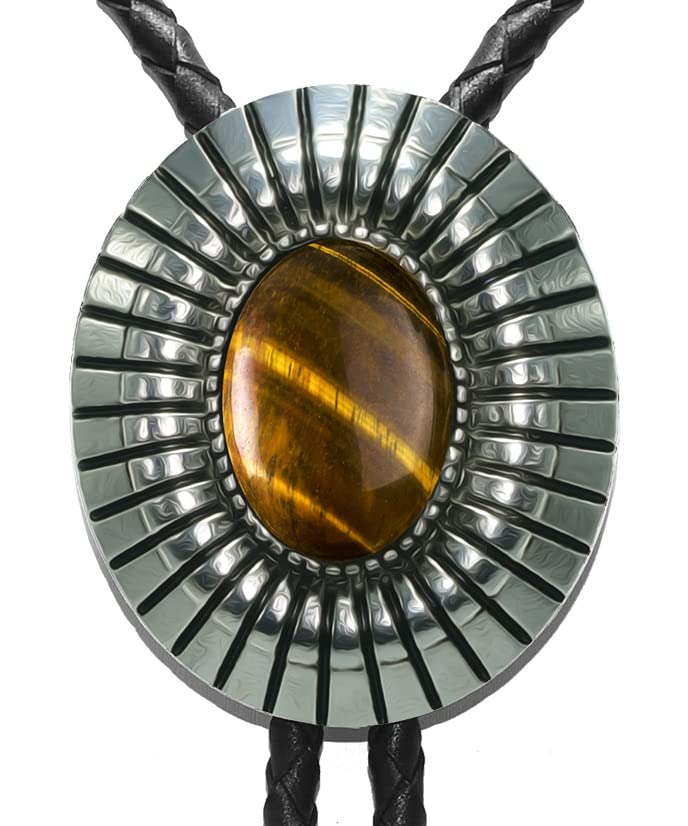 Image of Moranse Bolo Tie with Natural Tiger Eye Stone Celtic Style Genuine and Cowhide Rope