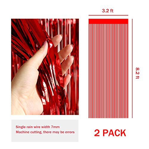 Xtozon 2pcs 3.3ft x 8.3ft Metallic Fringe Curtains Foil Fringe Curtain, Tinsel Curtain Photo Booth Props Backdrops for Birthday Wedding Bridal Baby Shower Celebration Party Decorations (Red)