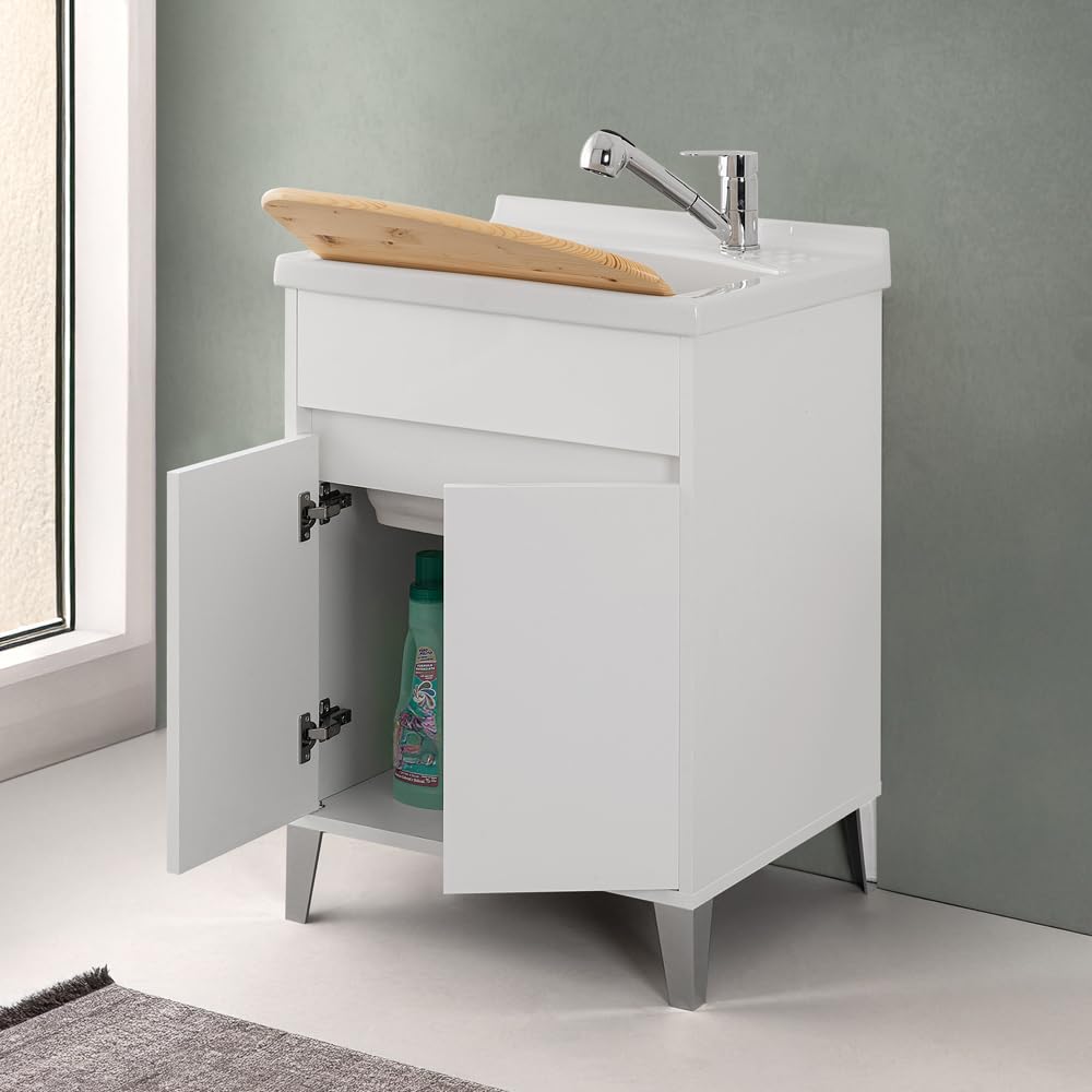 Mobile Lavatoio 60x50 Cm Bianco Lucido Way Con Vasca In Ceramica Dolomite, Struttura Già Montata In Legno Nobilitato Con 2 Ante E Apertura A Gola Asse Non Inclusa