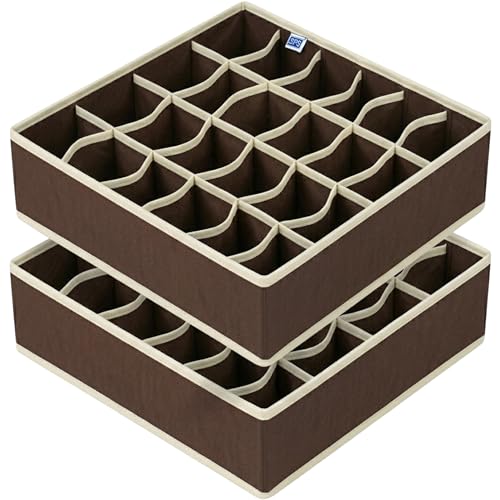 Image of Skrill 24-Compartment - Set of 2 | Non-Woven Foldable Cloth Storage Box Set Underwear, Socks, Ties, Scarves, Bras, Drawer Organization | Space Saving Divider Organizer Closet Storage | Brown