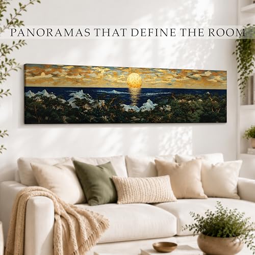 Image of Japanese Nihonga Seascape Stretched Canvas Wall Art Painting for Living Room, Sun Rise Canvas Wall Decor For Livingroom, Bedroom, Office, Hallway's, Hotel 12x46 Inch