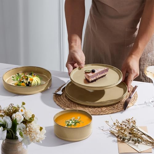 Image of E-far 16 Piece Dinnerware Sets, Plates and Bowls with Pasta Bowls Service for 4, Modern Stoneware Ribbed Dishes for Kitchen Dining, Microwave & Dishwasher Safe, Caramel Khaki