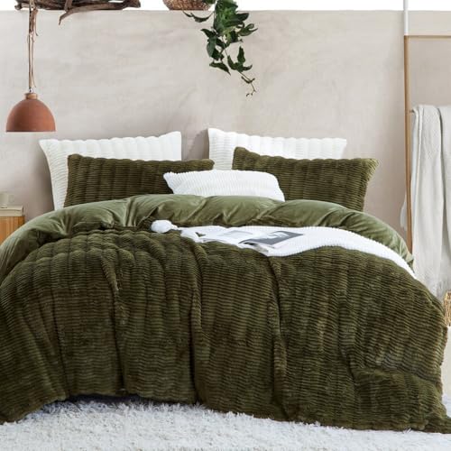 Lanqinglv Plush Bed Linen 135 x 200 cm Green Dark Green Fluffy Long Hair Faux Fur Winter Bed Linen Warm Cosy Flannel Fleece Cashmere Touch Duvet Cover with Zip and 1 Pillowcase 80 x 80 cm - Image 2