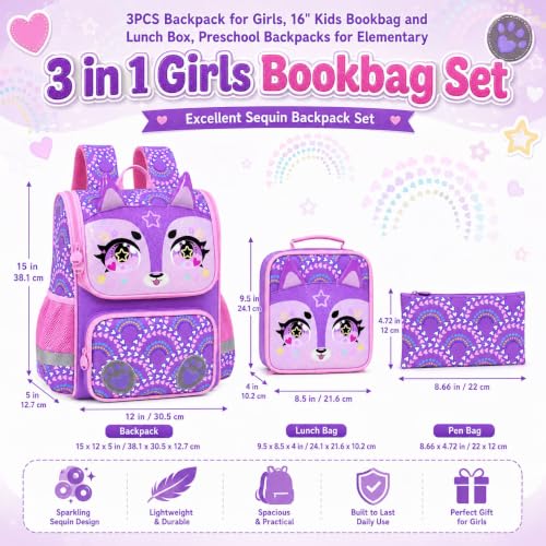 Image of KLFVB 3PCS Backpack for Girls and Boys, 15 inch Unicorn Dinosaur Bookbag with Lunch Box, Kids Preschool School bag