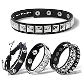 4PCS Studded Punk Bracelets & Choker Necklace Set, Adjustable Goth Emo Leather Bracelet for Men Women