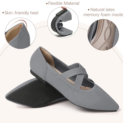 Image of TINGRISE Womens Mary Jane Flats Knit Ballet Flats for Women Pointed Toe Dressy Comfortable Slip-On Flats Shoes for Work Casual