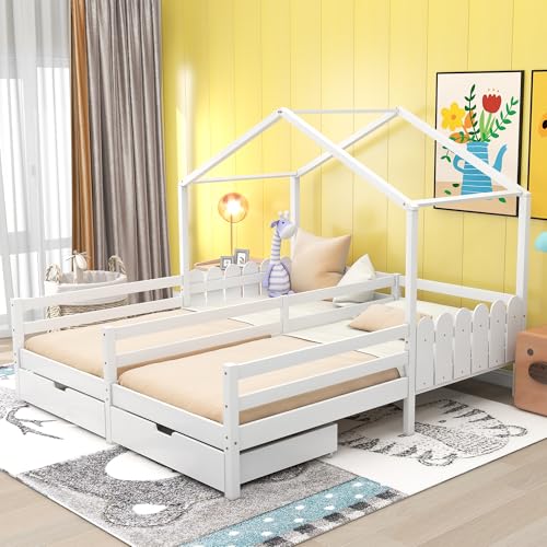 FEZTOY Kinderbett 90x200, Hausbett Kinder mit 2 Schubladen auf Rollen,...