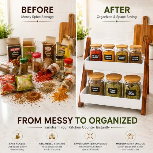 Image of 2 Tier Wooden Kitchen Counter Organizer Rack | Premium Spice Rack & Storage Shelf for Kitchen Countertop | Modern Wooden Storage Stand for Oil Bottles, Jars, Coffee & Bathroom Essentials