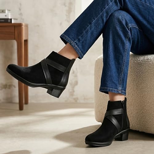 Image of KRAFTER Women's Ankle Boots Stylish Faux Suede & Leather Block Low Heel with Cross Straps and Side Zipper Design Comfortable Fashion for Casual & daily Wear