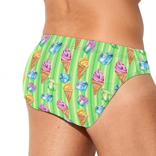 Ice Cream Green Stripes Printed Swim Briefs for Men Sexy Bikini Swimwear Elastic Beach Trunks Bathing Suit4